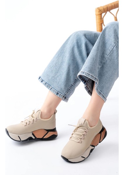 RS-400 Bej Bağcıklı Fileli Renkli Taban Günlük Kadın Spor