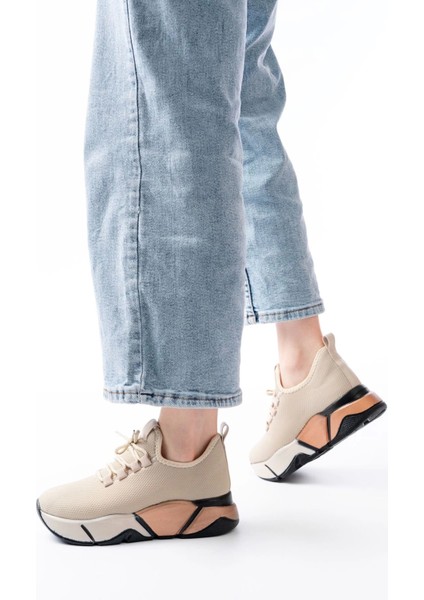 RS-400 Bej Bağcıklı Fileli Renkli Taban Günlük Kadın Spor fiyatları