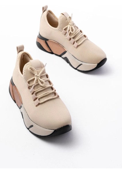 RS-400 Bej Bağcıklı Fileli Renkli Taban Günlük Kadın Spor modelleri