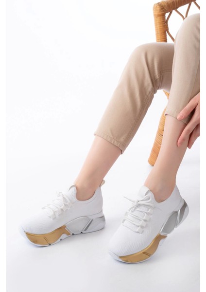 RS-400 Beyaz Bağcıklı Fileli Renkli Taban Günlük Kadın Spor