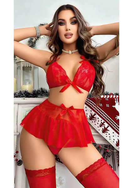 Kırmızı Dantel Işlemeli Etekli Sütyen Fantezi Takım modelleri