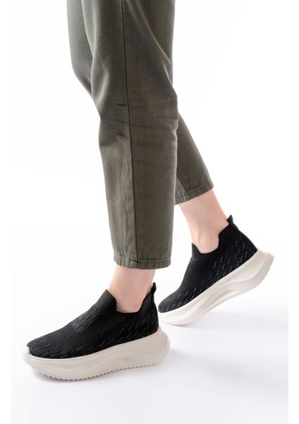 DM-707 Siyah Fileli Beyaz Faillant Taban Taş Aksesuarlı Günlük Spor Ayakkab