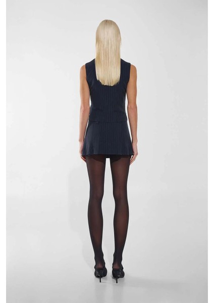 şık Leela Yelek - Lacivert Çizgili, Fitted Silüetli, Yüksek Yaka fiyatları