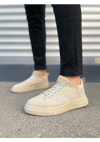TB204 Flex Bağcıklı Keten Kumaş Erkek Günlük Sneaker Ayakkabı Kkt - Krem fiyatları