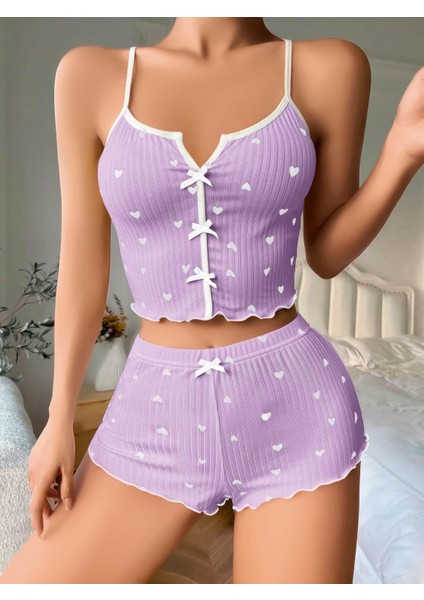 Özel Lila Üstüne Beyaz Kalp Desenli Askılı Şortlu Pijama Takımı Fırsat!!! fiyatları