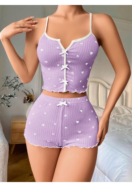 Özel Lila Üstüne Beyaz Kalp Desenli Askılı Şortlu Pijama Takımı Fırsat!!! modelleri