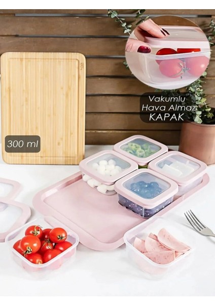 Pembe 6'lı Tepsili Kahvaltılık Saklama Seti, Silikon Kapaklı ve Kullanışlı