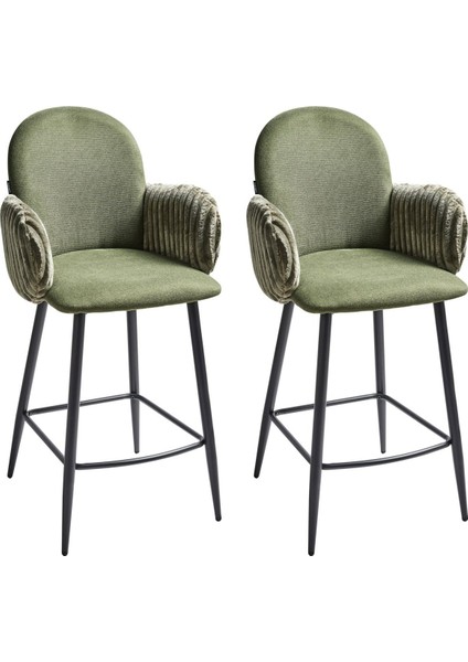 Amıty Yeşil Kumaş 2'li Bar Sandalyesi Seti, Retro Stil, 66 cm Oturum, Su Geçirmez Kumaş