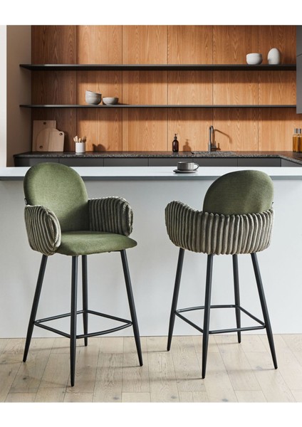 Amıty Yeşil Kumaş 2'li Bar Sandalyesi Seti, Retro Stil, 66 cm Oturum, Su Geçirmez Kumaş fiyatları