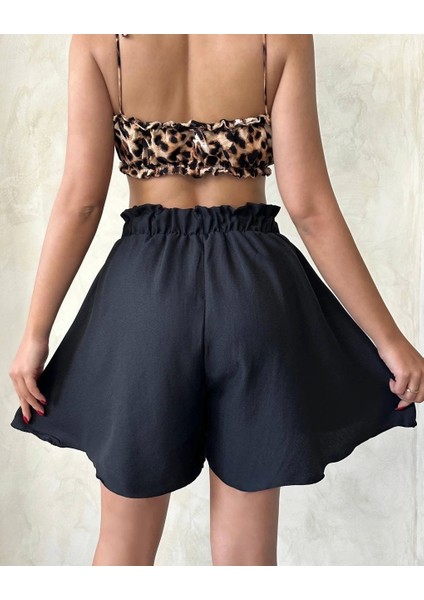 Volanlı Keten Şort Siyah S255058 fiyatları