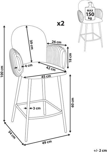 Amıty Yeşil Kumaş 2'li Bar Sandalyesi Seti, Retro Stil, 66 cm Oturum, Su Geçirmez Kumaş
