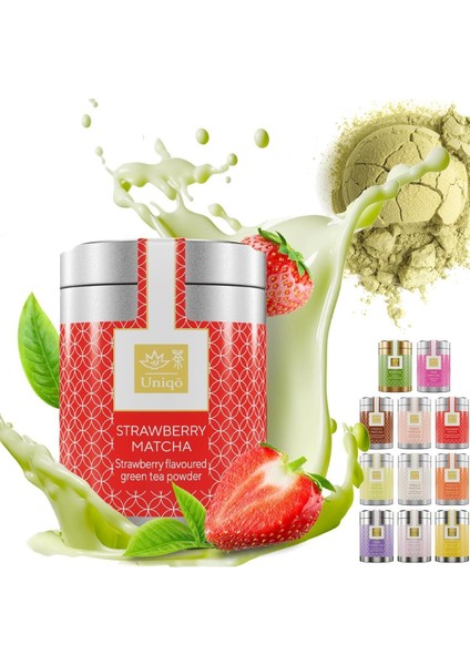 Çilek Aromalı Premium Japon Matcha Tozu 30 gr Şeker İlavesiz Vegan, Metal Kutuda