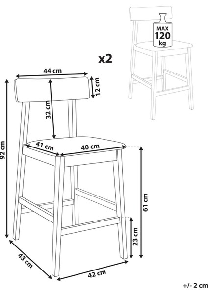 Isantı 2'li Bar Sandalyesi Seti, 61 cm Oturum, Masif Ahşap, Klasik Tasarım