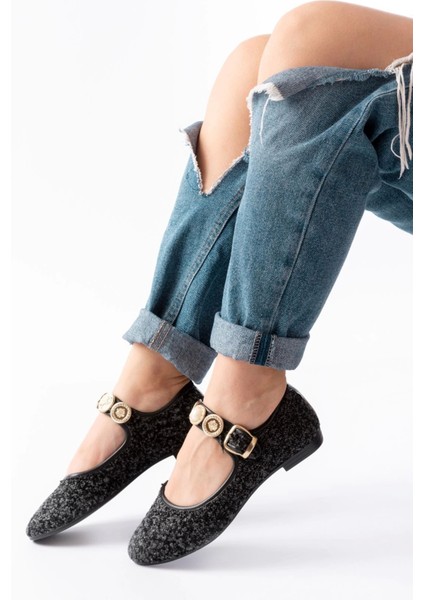 İNF-6363 Siyah Havlu Desenli Baret Tokalı Günlük Bayan Ayakkabı