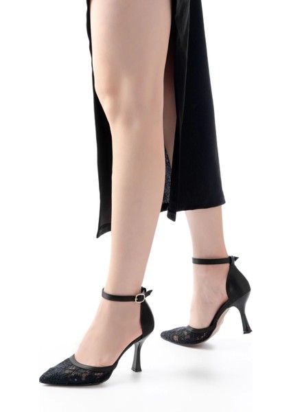 K-404 Siyah Fileli Çiçek Detaylı Kadın Topuklu Ayakkabı