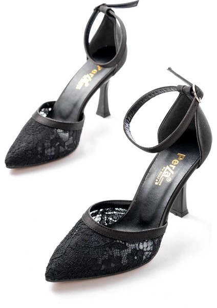 K-404 Siyah Fileli Çiçek Detaylı Kadın Topuklu Ayakkabı modelleri