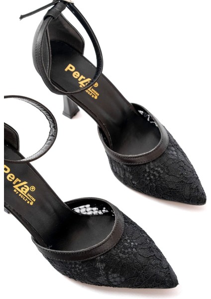 K-404 Siyah Fileli Çiçek Detaylı Kadın Topuklu Ayakkabı fırsatları