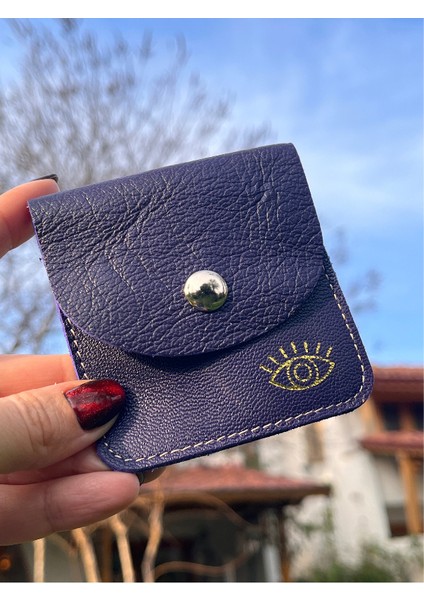 -Kare Model Gold Göz Detaylı Koyu Mor Hakiki Deri Airpod Kılıfı / Mini Bozuk Para Cüzdanı
