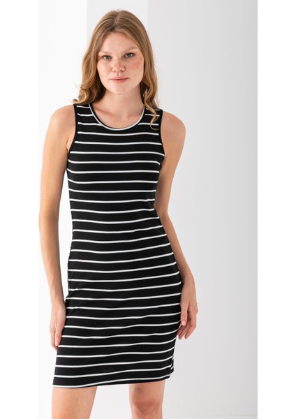 Kadın Bisiklet Yaka Kolsuz Çizgili Elbise Siyah Beyaz - 25880 indirimleri