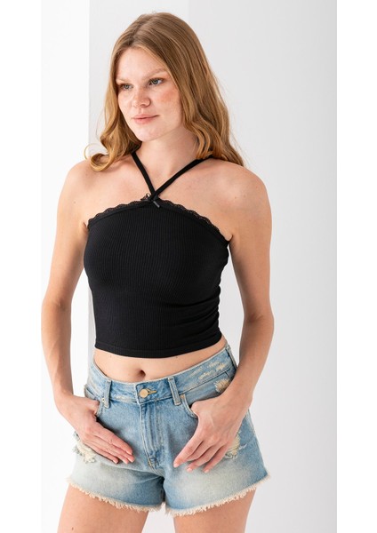 Kadın Çapraz Askılı Dantel Detaylı Crop Body Siyah - MS0000309 modelleri