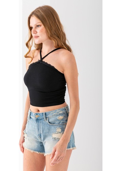 Kadın Çapraz Askılı Dantel Detaylı Crop Body Siyah - MS0000309
