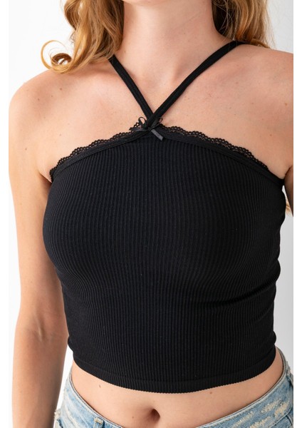Kadın Çapraz Askılı Dantel Detaylı Crop Body Siyah - MS0000309