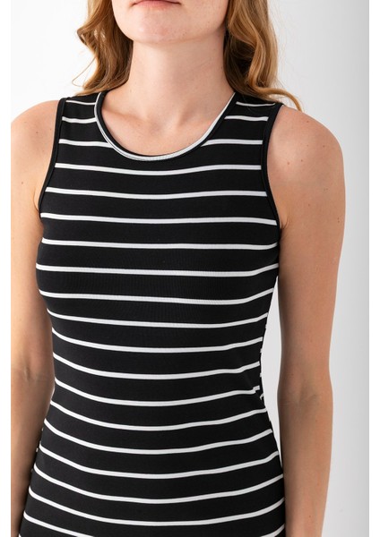 Kadın Bisiklet Yaka Kolsuz Çizgili Elbise Siyah Beyaz - 25880