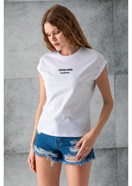 Kadın Bisiklet Yaka Baskılı Pamuklu T-Shirt Beyaz - 925010