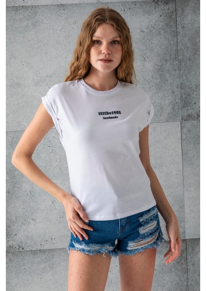 Kadın Bisiklet Yaka Baskılı Pamuklu T-Shirt Beyaz - 925010 fiyatları