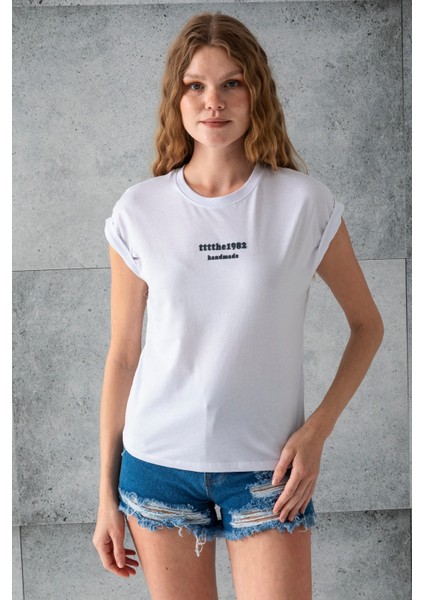 Kadın Bisiklet Yaka Baskılı Pamuklu T-Shirt Beyaz - 925010 fırsatları