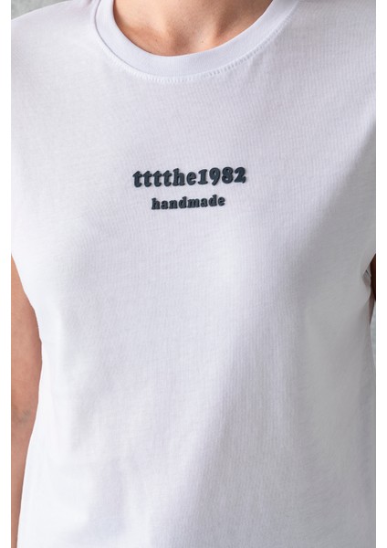 Kadın Bisiklet Yaka Baskılı Pamuklu T-Shirt Beyaz - 925010