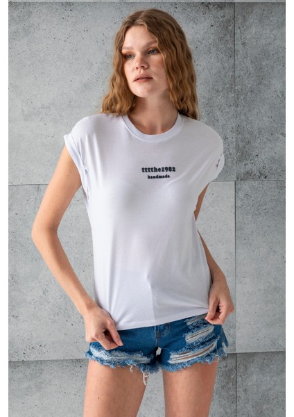 Kadın Bisiklet Yaka Baskılı Pamuklu T-Shirt Beyaz - 925010