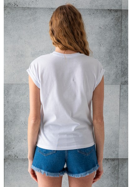 Kadın Bisiklet Yaka Baskılı Pamuklu T-Shirt Beyaz - 925010