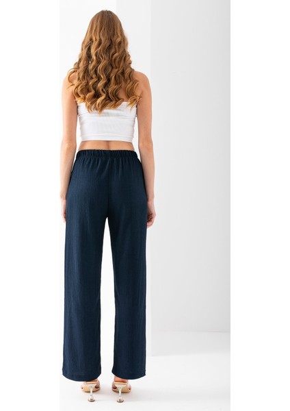 Kadın Beli Ayarlanabilir Bol Paça Bürümcük Pantolon Lacivert - 925079