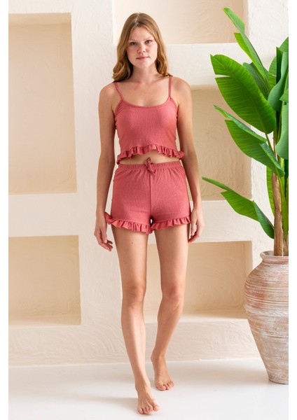 Kadın Askılı Şortlu Kaşkorse Pijama Takımı Gül - 8034