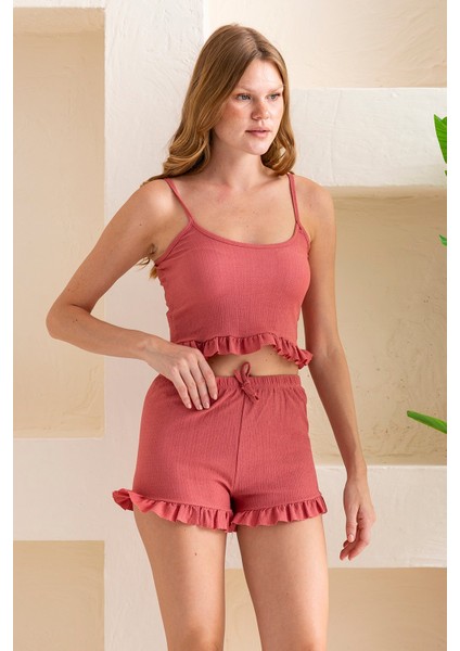 Kadın Askılı Şortlu Kaşkorse Pijama Takımı Gül - 8034 fiyatları