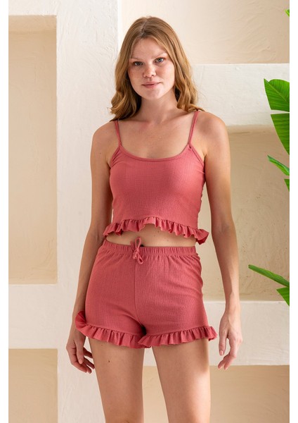 Kadın Askılı Şortlu Kaşkorse Pijama Takımı Gül - 8034 modelleri