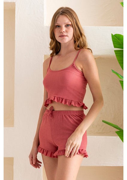 Kadın Askılı Şortlu Kaşkorse Pijama Takımı Gül - 8034 fırsatları