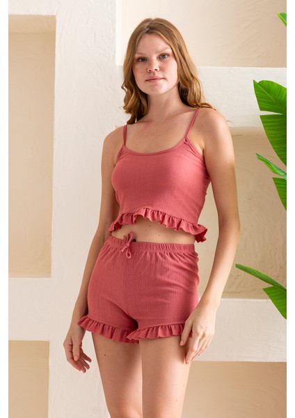 Kadın Askılı Şortlu Kaşkorse Pijama Takımı Gül - 8034