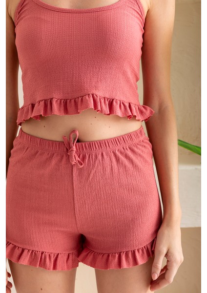 Kadın Askılı Şortlu Kaşkorse Pijama Takımı Gül - 8034