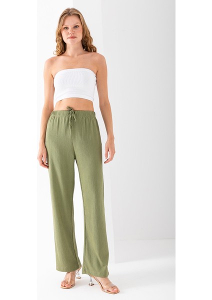 Kadın Beli Ayarlanabilir Bol Paça Bürümcük Pantolon Yeşil - 925079