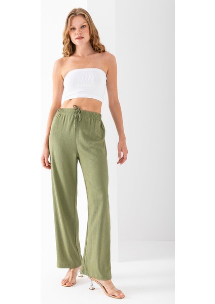 Kadın Beli Ayarlanabilir Bol Paça Bürümcük Pantolon Yeşil - 925079 modelleri