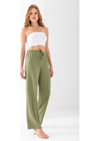 Kadın Beli Ayarlanabilir Bol Paça Bürümcük Pantolon Yeşil - 925079 fırsatları