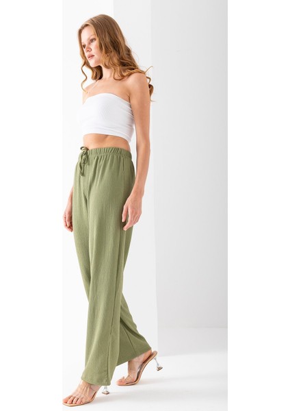 Kadın Beli Ayarlanabilir Bol Paça Bürümcük Pantolon Yeşil - 925079