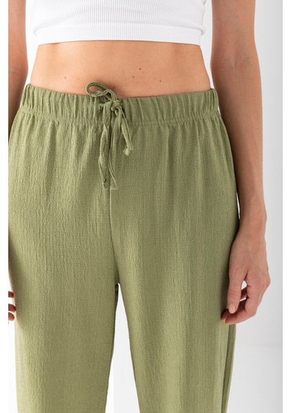 Kadın Beli Ayarlanabilir Bol Paça Bürümcük Pantolon Yeşil - 925079