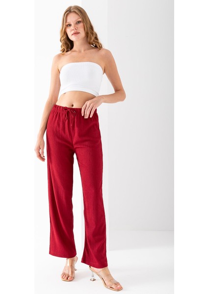 Kadın Beli Ayarlanabilir Bol Paça Bürümcük Pantolon Bordo - 925079 modelleri