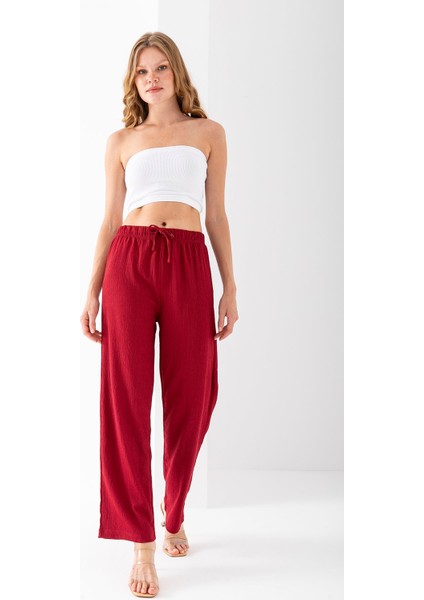 Kadın Beli Ayarlanabilir Bol Paça Bürümcük Pantolon Bordo - 925079 indirimleri