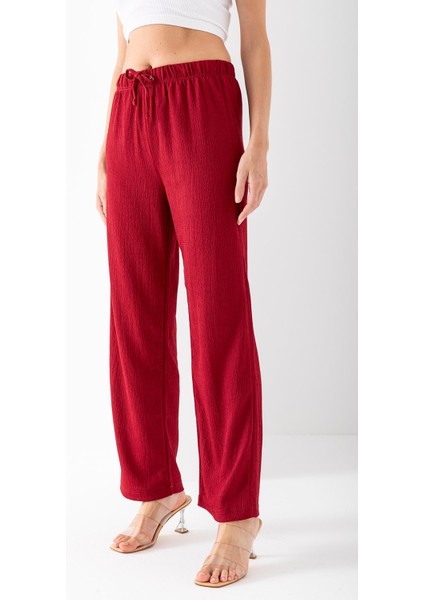 Kadın Beli Ayarlanabilir Bol Paça Bürümcük Pantolon Bordo - 925079