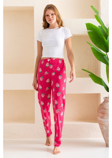 Kadın Beli Lastikli Çilek Desenli Pamuklu Pijama Altı Fuşya - 2055