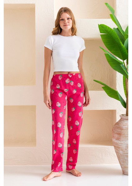 Kadın Beli Lastikli Çilek Desenli Pamuklu Pijama Altı Fuşya - 2055 fiyatları